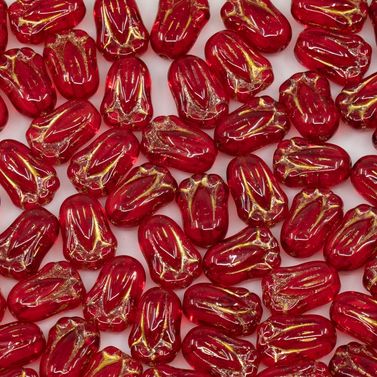 OUTLET 250g/50g Tulip Bud Beads, 10 x 7 mm, Ruby Red Gold Lined (90080-54302), Glass, Czech Republic