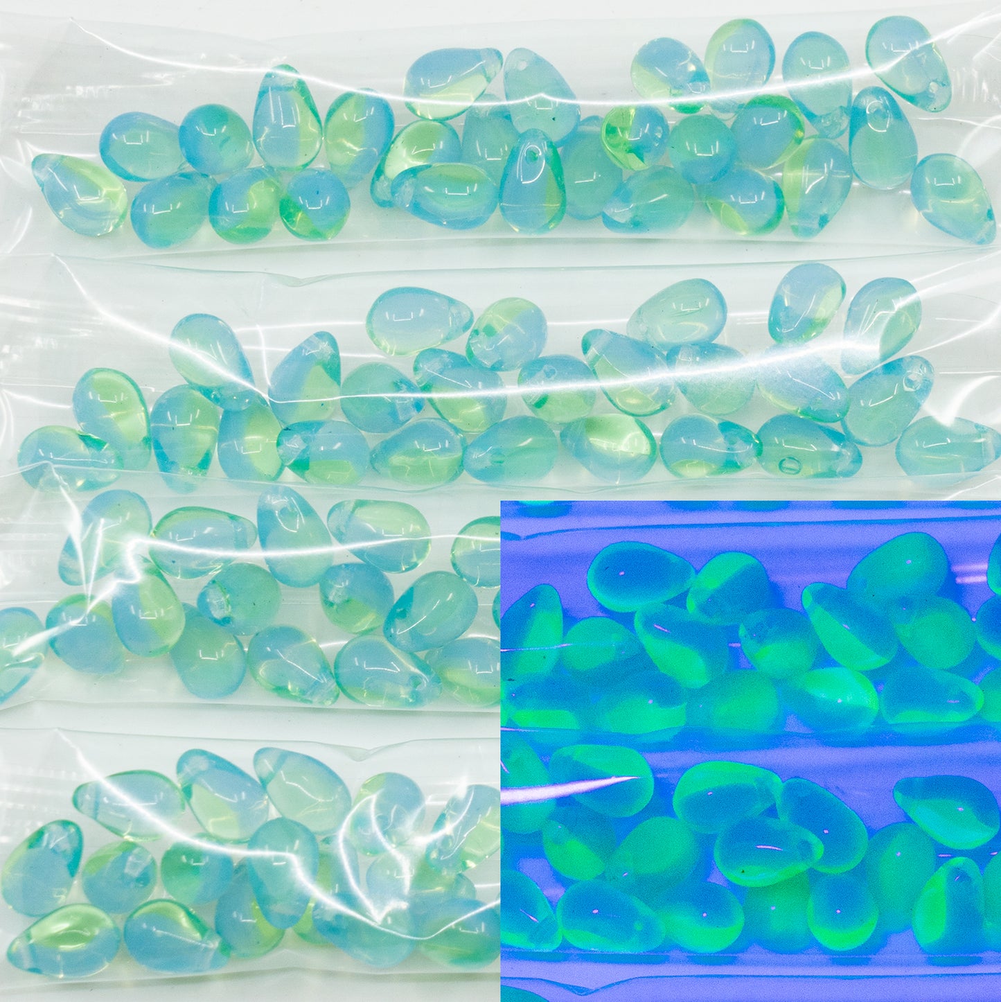 OUTLET 10 grams Drop Pressed Beads, 6 x 9 mm, Transparent Blue Transparent Yellow (30020-80130), Glass, Czech Republic