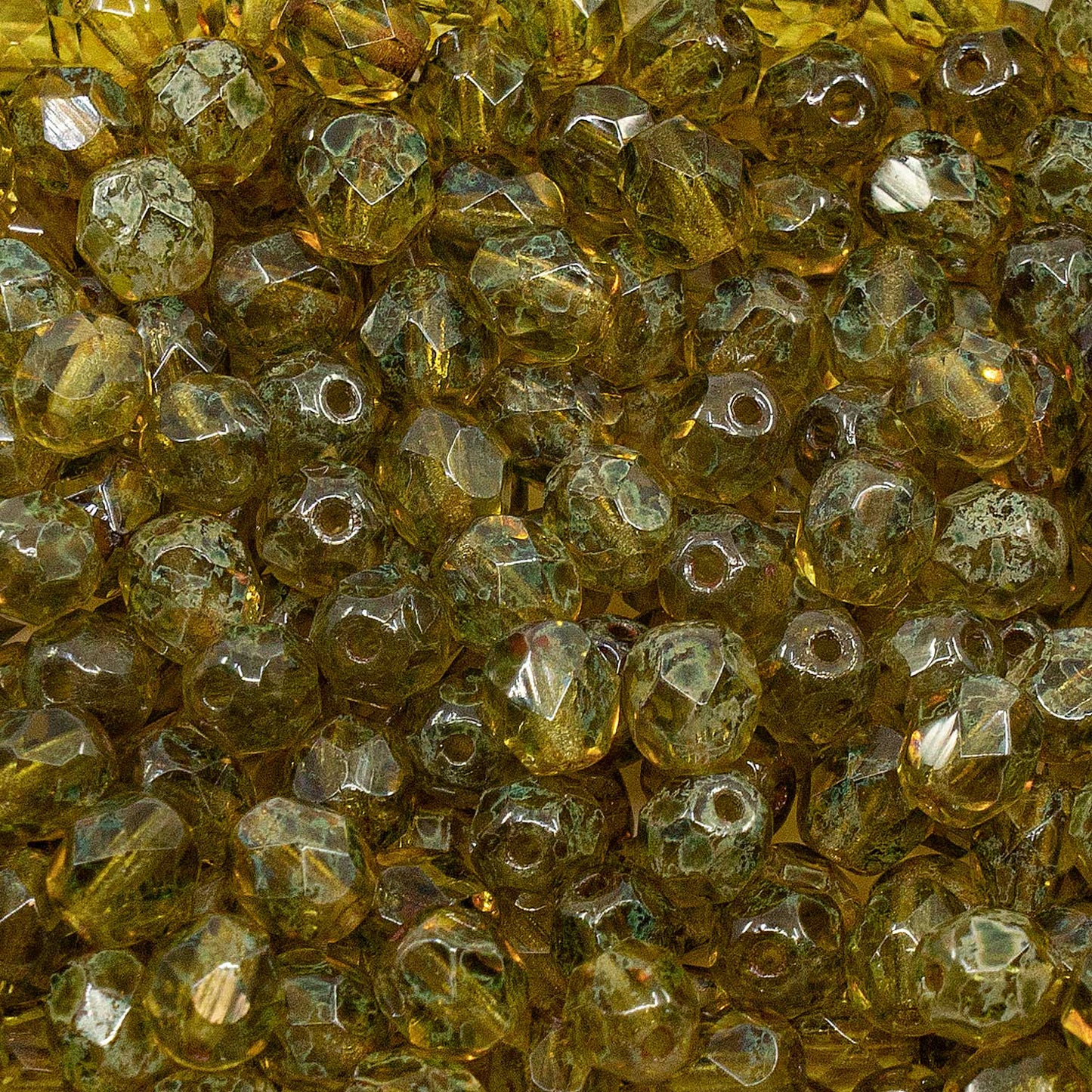 アウトレット ファセットラウンドファイアポリッシュビーズ、6 x 6 mm、透明グリーントラバーチン(50200-86800)、ガラス、チェコ共和国