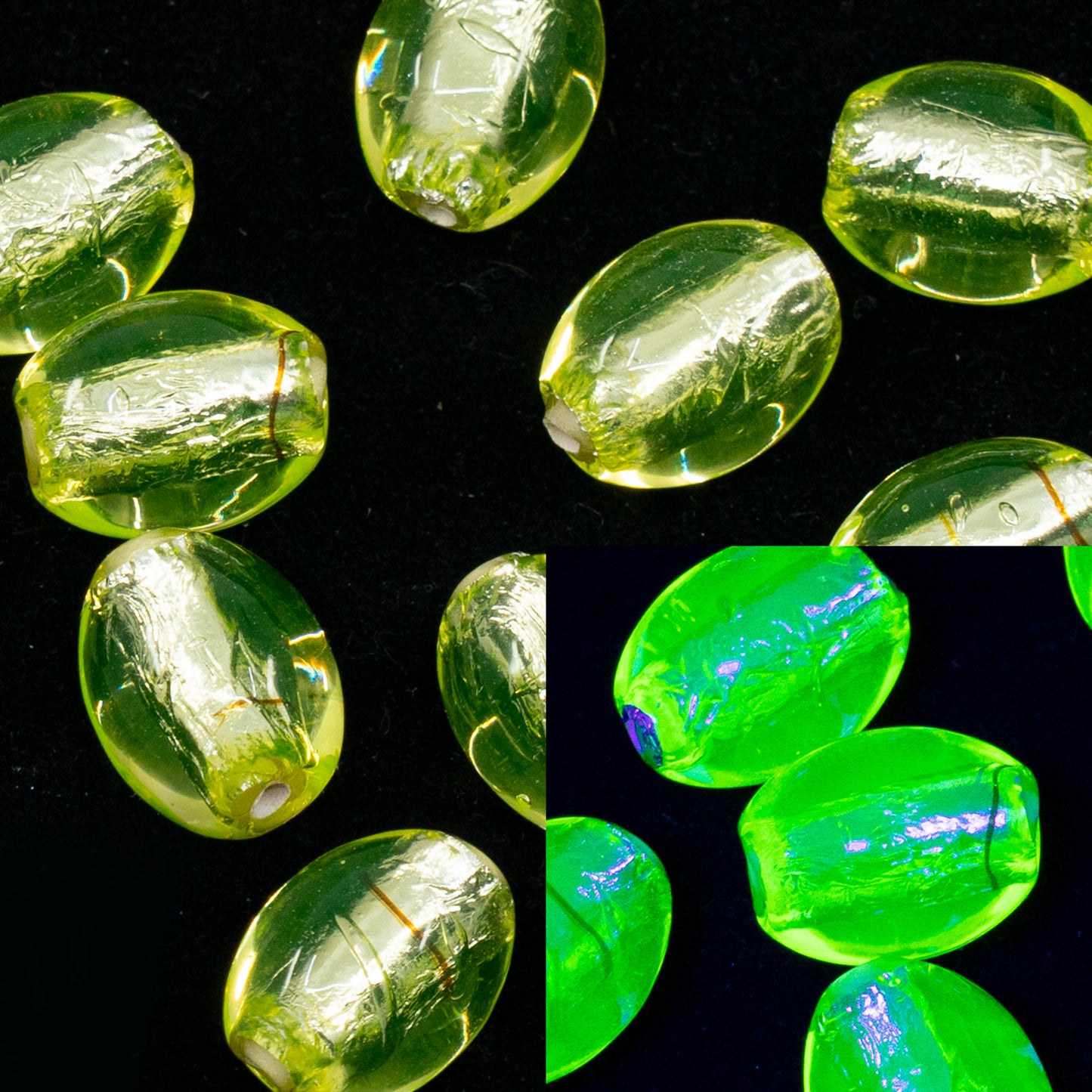 OUTLET 1 pcs Oval Lampwork Beads, 14 x 10 mm, Silver Foli Based Transparent Yellow (stribrak-80130) - VERY INTENSE GLOW under UV, Glass, Czech Republic