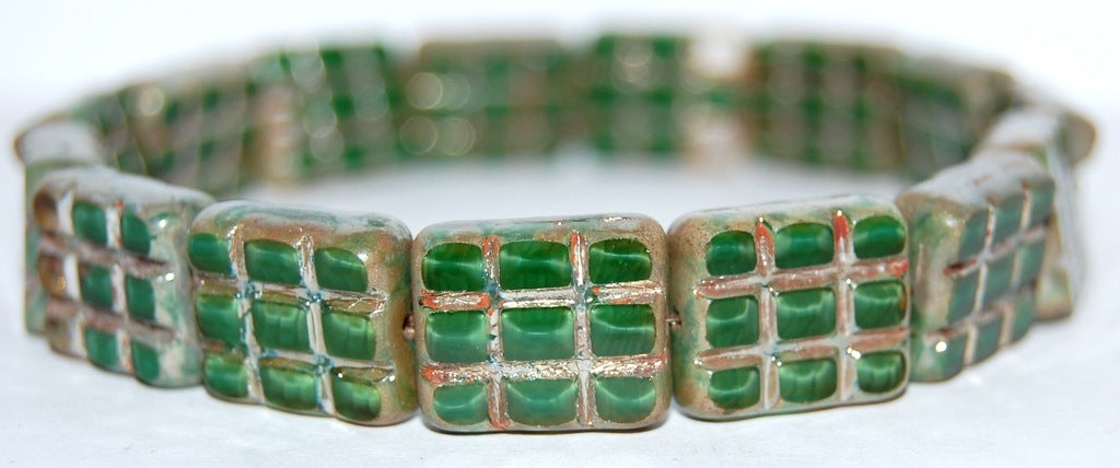 テーブルカット長方形ビーズ(格子付き)、ミックスエメラルドクリスタルピカソ(1513-56100-43400)、ガラス、チェコ共和国