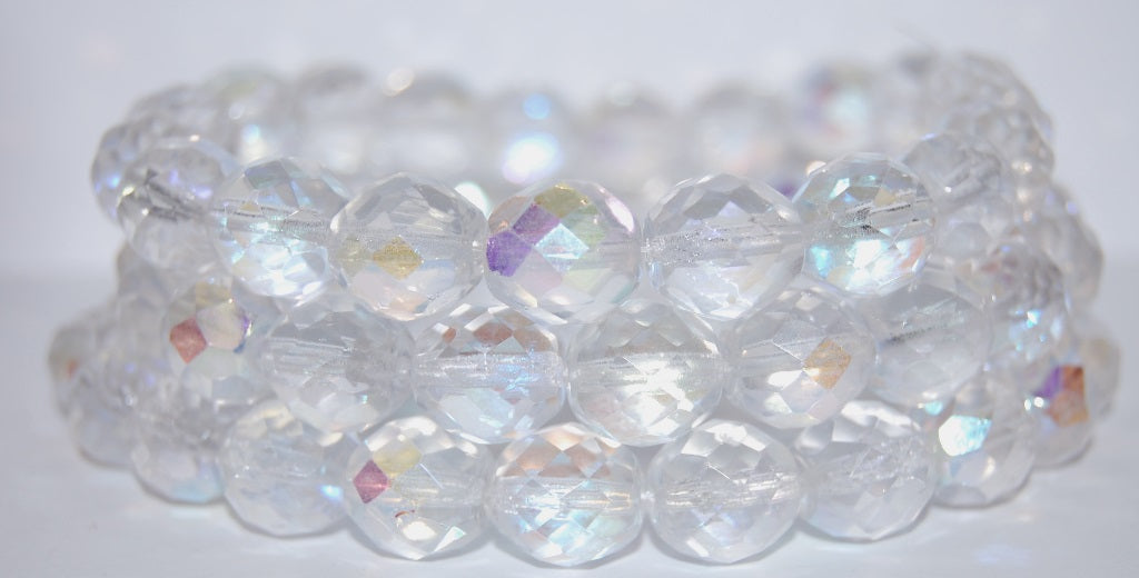 ファイヤーポリッシュラウンドファセットビーズ、クリスタルAb(00030-AB)、ガラス、チェコ共和国〜STRANDED
