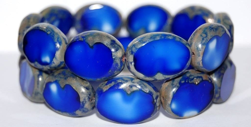 Table Cut Oval Beads, Blue White Mix Picasso (37005-43400), Glass, Czech Republic