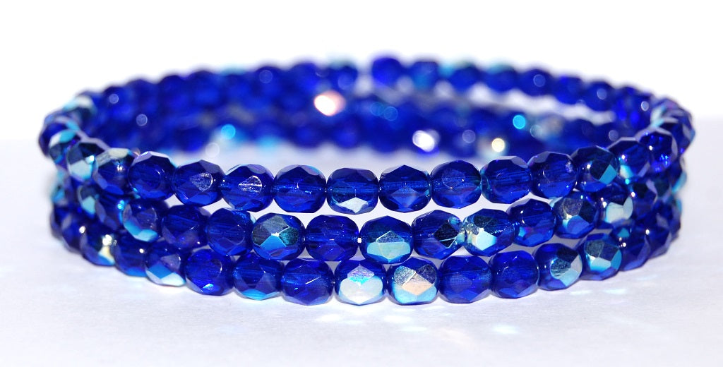 ファイヤーポリッシュラウンドファセットビーズ、透明ブルーAb(30060-AB)、ガラス、チェコ共和国〜STRANDED