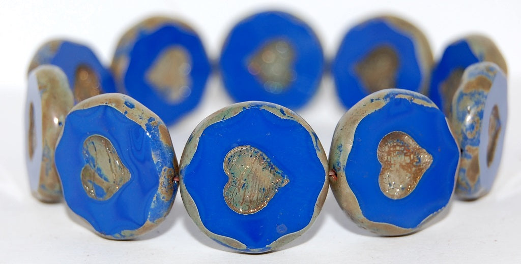 アウトレット 10グラム テーブルカットラウンドビーズ ハート付き 21 x 21 mm リッチブルーピカソ (33060-43400) ガラス チェコ共和国