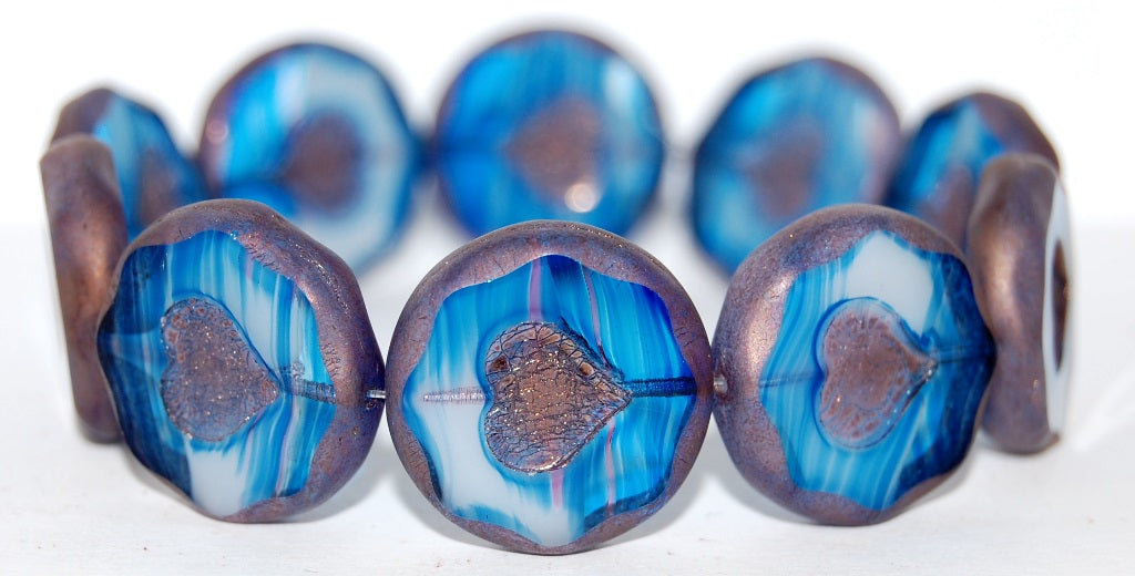 OUTLET 10 grams Table Cut Round Beads With Heart, 21 x 21 mm, Light Blue White Delay Bronze (65016-14415), Glass, Czech Republic