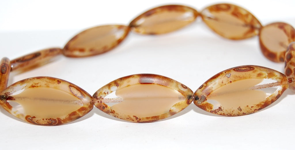 アウトレット 10グラム テーブルカットオーバルビーズ、36 x 18 mm、ミックスクリスタルベージュトラバーチン(16018-86800)、ガラス、チェコ共和国