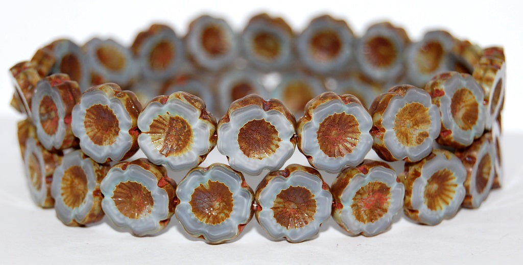 奥特莱斯 10克夏威夷花形台面切割珠,14 x 14毫米,混合灰薄荷石灰华 (47514-86800),玻璃,捷克共和国