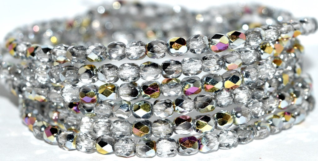 ファイアポリッシュラウンドファセットビーズ、シルバーヴィトレイル(28002)、ガラス、チェコ共和国〜STRANDED