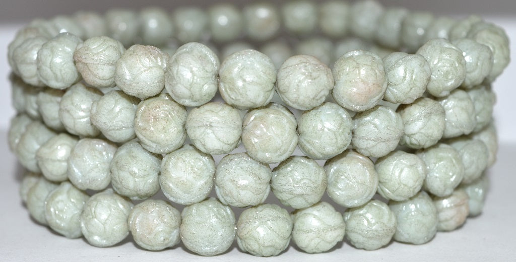 Round Rose Pressed Glass Beads, Luster Green Full Coated Antiq (14457-ANTIQ), Glass, Czech Republic ~ STRANDED
