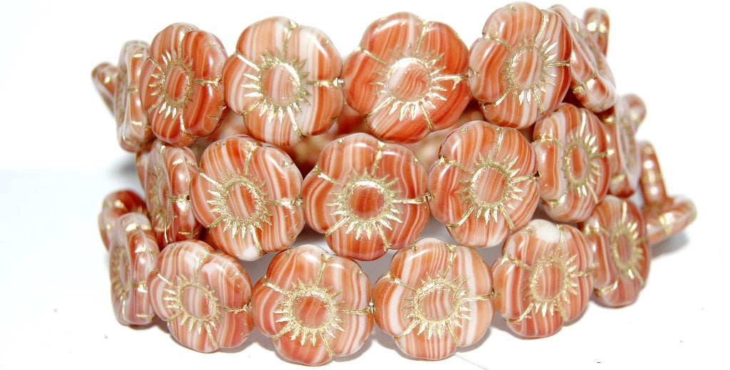 Round Flat Flower Pressed Glass Beads, Green Purple Gold Lined (95000-54202), Glass, Czech Republic