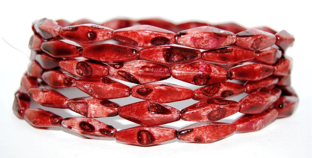 OUTLET 10 grams Olive Oval Pressed Glass Beads With Edges, 20 x 8 mm, White Red Coated (02010-R), Glass, Czech Republic