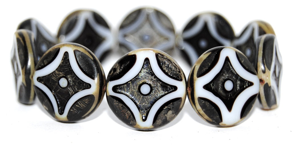 Table Cut Round Beads With Star, Brown White Picasso (17025-43400), Glass, Czech Republic