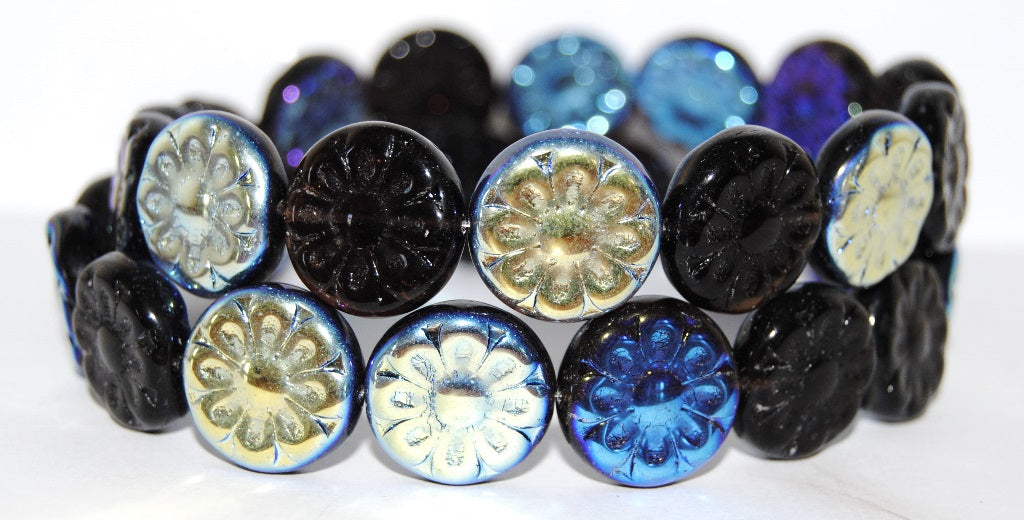 Flat Round With Flower Pressed Glass Beads, Transparent Amethyst Ab (20080-AB), Glass, Czech Republic ~ STRANDED