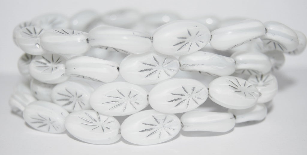 OUTLET 10 grams Oval With Rays Pressed Glass Beads, 19 x 10 mm, White Silver Lined (04000-54201), Glass, Czech Republic