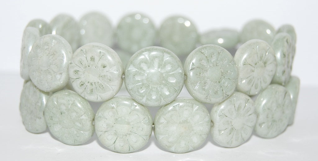Flat Round With Flower Pressed Glass Beads, Luster Green Full Coated (14457), Glass, Czech Republic ~ STRANDED