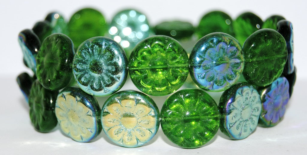 Flat Round With Flower Pressed Glass Beads, Transparent Green Ab (50130-AB), Glass, Czech Republic ~ STRANDED