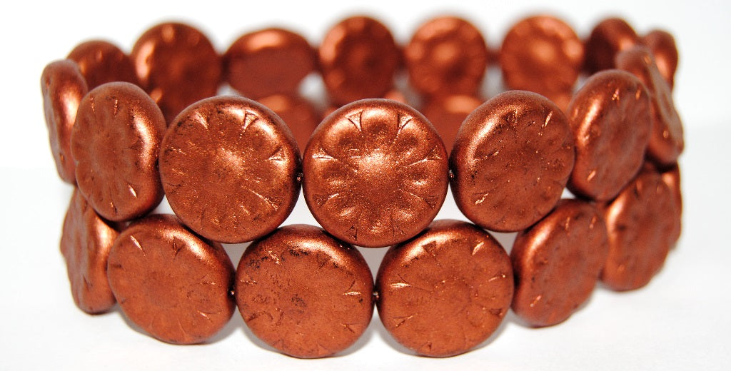 Flat Round With Flower Pressed Glass Beads, Copper Matt (2301750), Glass, Czech Republic ~ STRANDED
