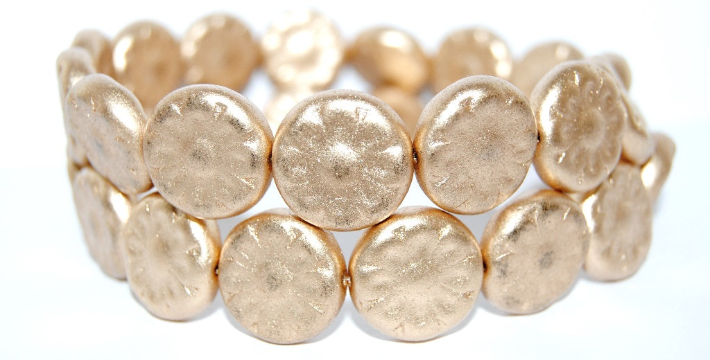 フラットラウンドフラワープレスガラスビーズ、アステカペールゴールド(2301710)、ガラス、チェコ共和国~STRANDED