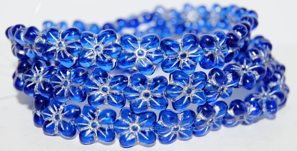 フラワープレスガラスビーズ、透明ブルーシルバーライン(30060-54201)、ガラス、チェコ共和国~STRANDED