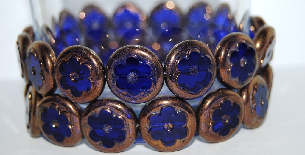 OUTLET 10 grams Table Cut Round Beads With Flower, 17 x 17 mm, Transparent Blue Bronze (30080-14415), Glass, Czech Republic