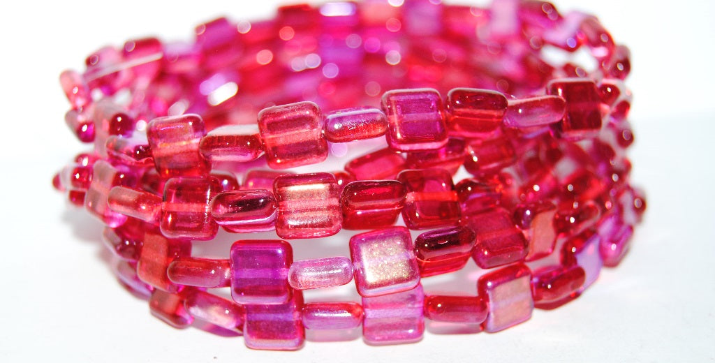OUTLET 10 grams Flat Square Pressed Glass Beads, 8 x 8 mm, Crystal Glossy Red Pink (00030-48120), Glass, Czech Republic