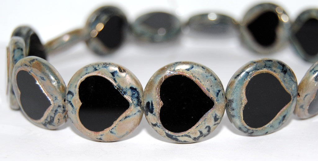 アウトレット 10グラム テーブルカットラウンドビーズ ハート付き 21 x 21 mm ブラックピカソ (23980-43400) ガラス チェコ共和国