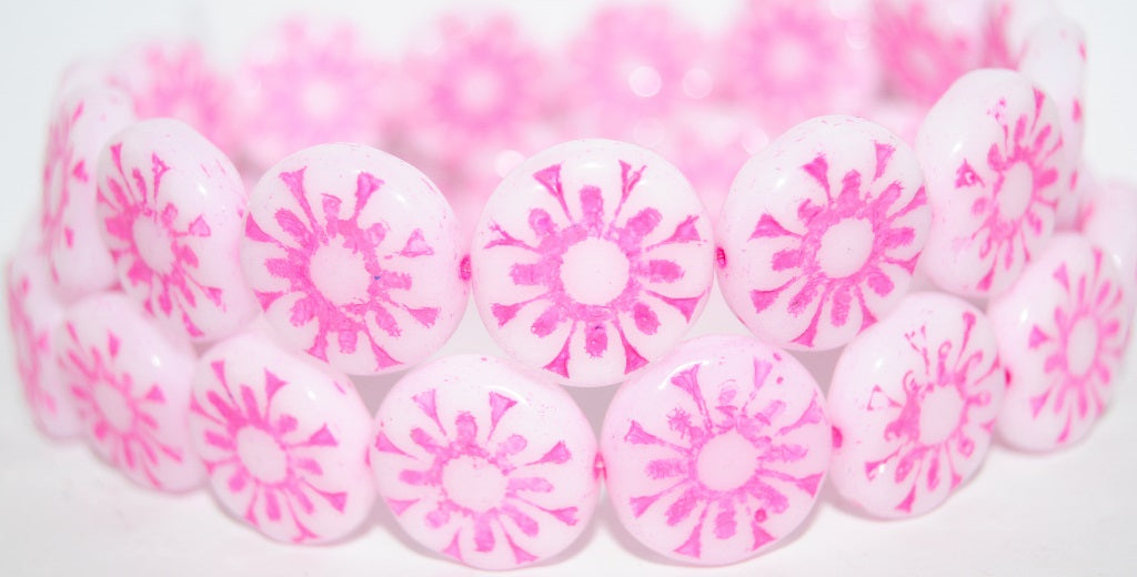 Flat Round With Flower Pressed Glass Beads, White Pink Lined (02010-46470), Glass, Czech Republic ~ STRANDED