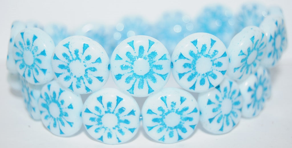 フラットラウンドフラワープレスガラスビーズ、ホワイト 14460 (02010-14460)、ガラス、チェコ共和国 ~ STRANDED