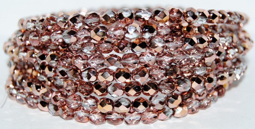 ファイアポリッシュラウンドファセットビーズ、透明ブルーローズゴールドカプリ(30000-27101)、ガラス、チェコ共和国