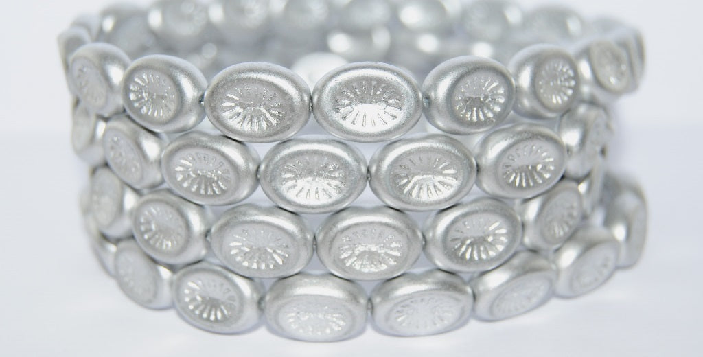 OUTLET 10 grams Oval Kiwi Pressed Glass Beads, 14 x 11 mm, Silver Matte (01700), Glass, Czech Republic