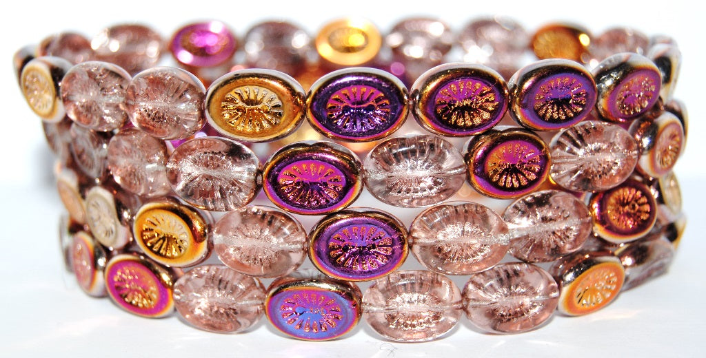 アウトレット 10グラム オーバルキウイプレスガラスビーズ、14 x 11 mm、クリスタルスリペリット(00030-29500)、ガラス、チェコ共和国