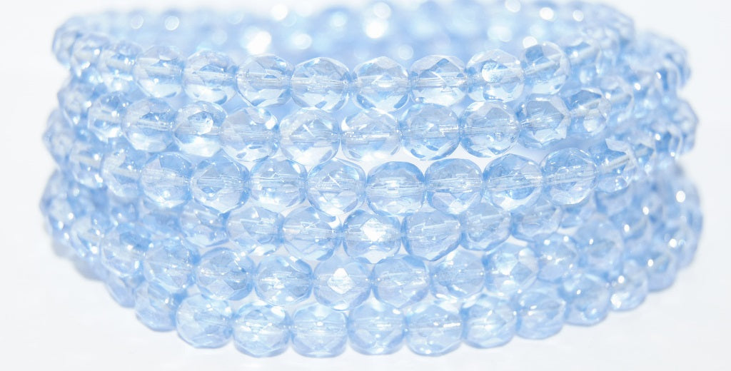 ファイヤーポリッシュラウンドファセットビーズ、透明ブルーヘマタイト(30020-14400)、ガラス、チェコ共和国~STRANDED