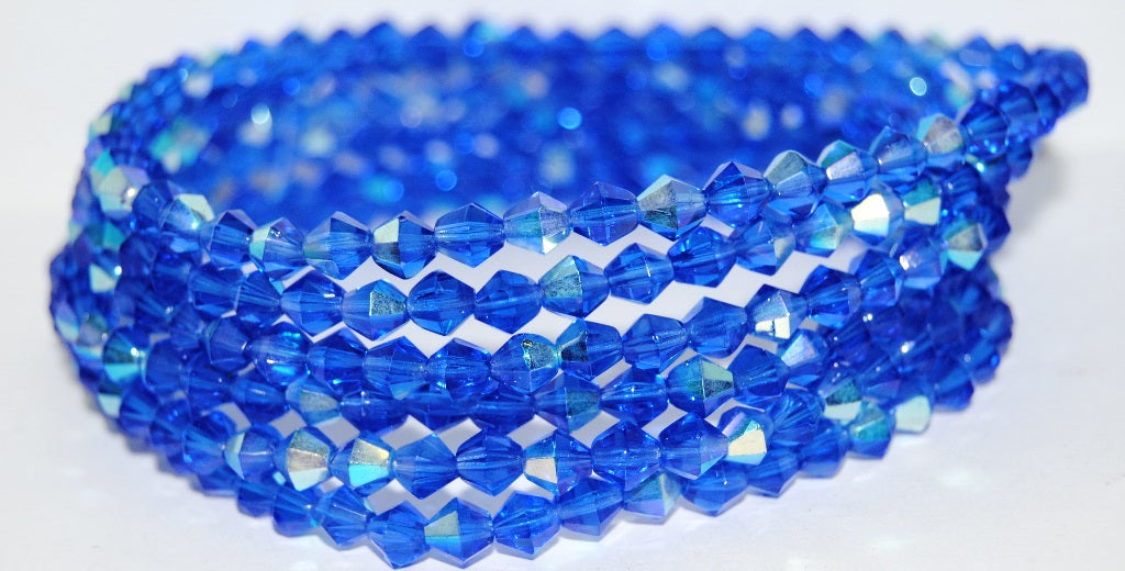 Fire Polished Sun Bicone Faceted Beads, Transparent Blue Ab (30060-AB), Glass, Czech Republic