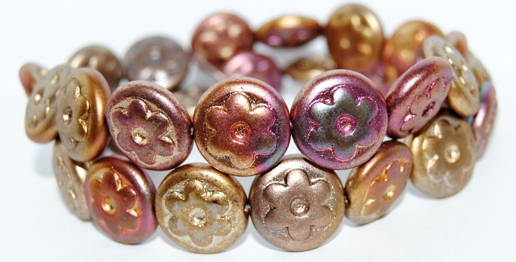 Round With Convex Flower Pressed Glass Beads, Yellow Gold Metallic Iris (01620), Glass, Czech Republic