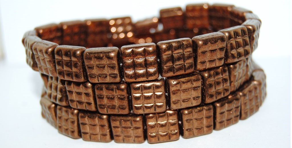 9個の正方形のプレスガラスビーズ付きスクエア、透明ブラウンブロンズ(10090-14415)、ガラス、チェコ共和国