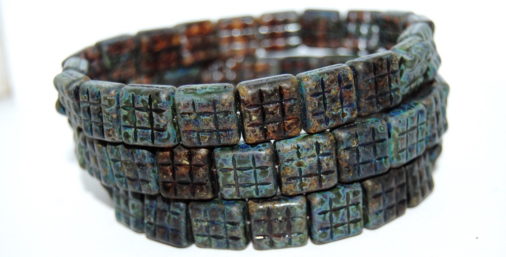 Square With 9 Squares Pressed Glass Beads, Transparent Brown Stain Strong (10090-86805), Glass, Czech Republic