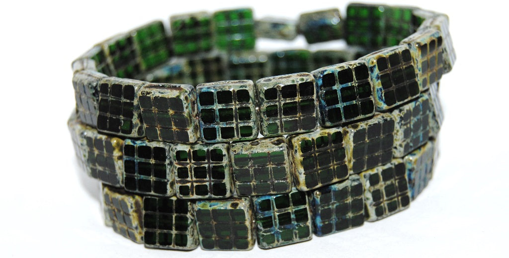 OUTLET 10 grams Table Cut Square Beads With Grid, 13 x 13 mm, Transparent Green Emerald Stain Strong Antiq (50150-86805-ANTIQ), Glass, Japan