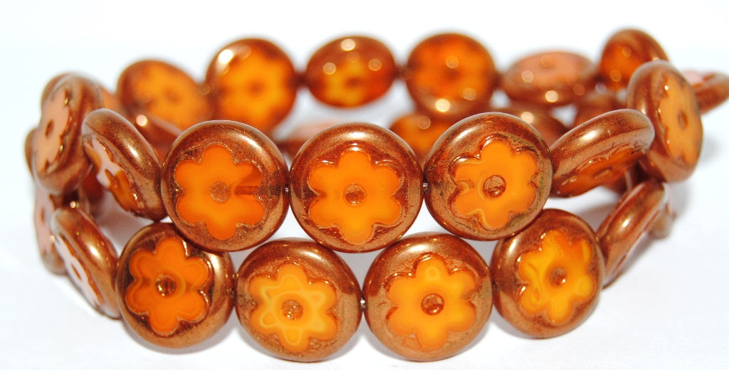 OUTLET 10 grams Table Cut Round Beads With Flower, 17 x 17 mm, 81250 Bronze (81250-14415), Glass, Czech Republic