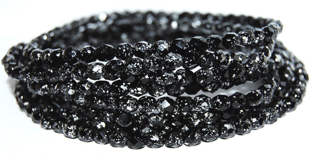 Fire Polished Round Faceted Beads, Black Silver Splash (23980-94400), Glass, Czech Republic