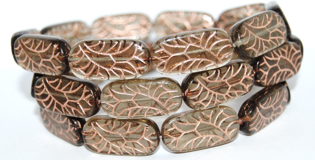 OUTLET 10 grams Rectangle With Ornament Pressed Glass Beads, 25 x 12 mm, Topaz Copper Lined (40020-54200), Glass, Czech Republic
