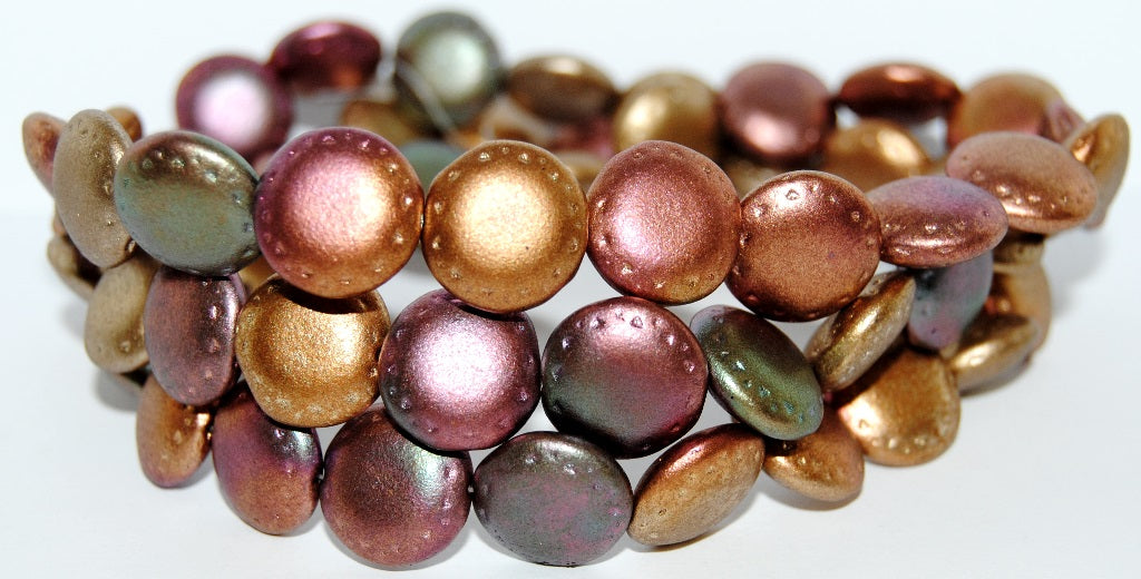 フラットラウンドプレスガラスビーズ(装飾付き)、イエローゴールドメタリックアイリス(01620)、ガラス、チェコ共和国~STRANDED