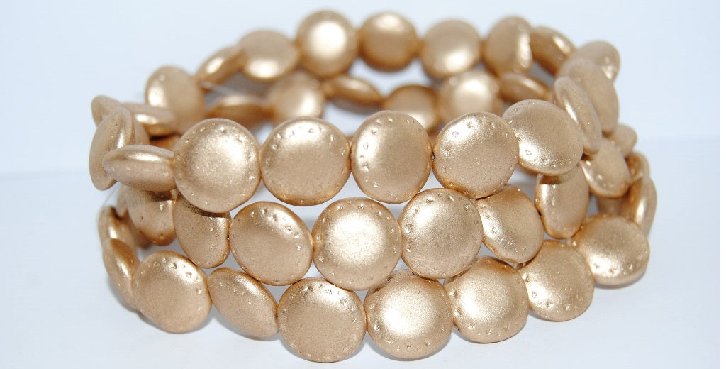 Flat Round Pressed Glass Beads With Ornament, Aztec Pale Gold (01710), Glass, Czech Republic ~ STRANDED