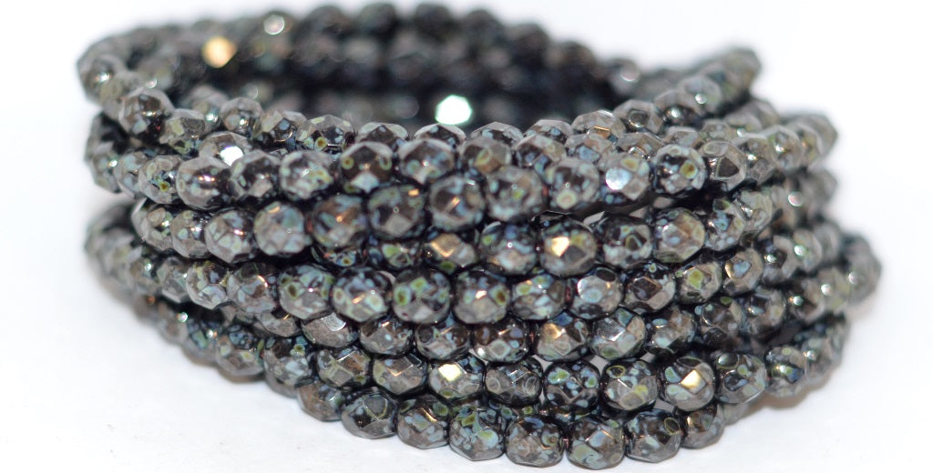 ファイヤーポリッシュラウンドファセットビーズ、ブラックセネガル銅(23980-15635)、ガラス、チェコ共和国〜STRANDED