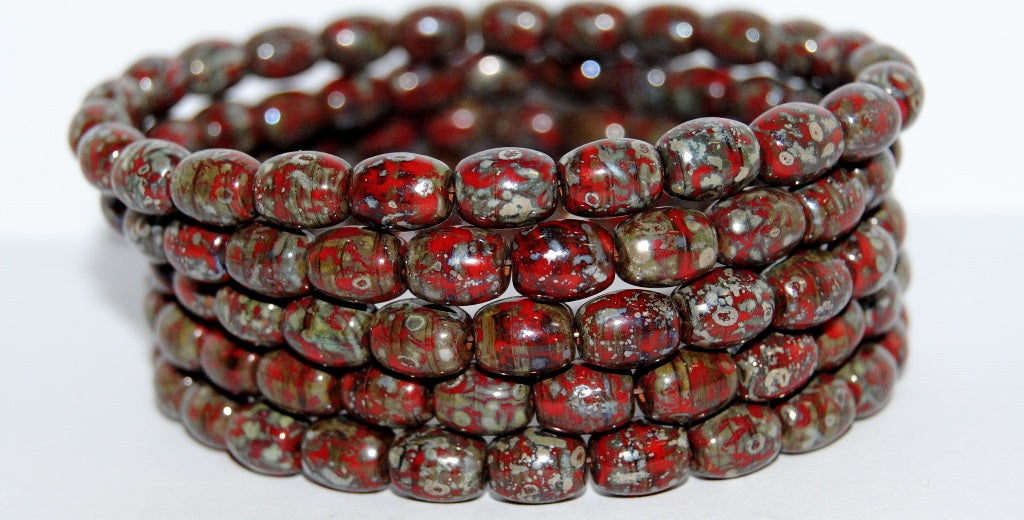 橄榄椭圆形压制玻璃珠,红色毕加索 (93190-43400),玻璃,捷克共和国 ~ 串珠