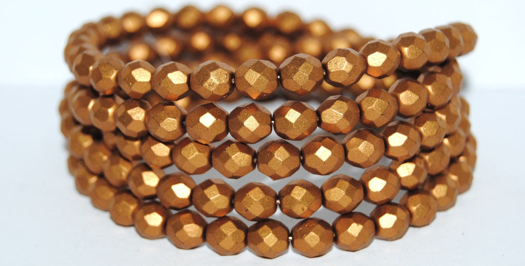 ファイアポリッシュラウンドファセットビーズ、ブロンズマット(01740)、ガラス、チェコ共和国