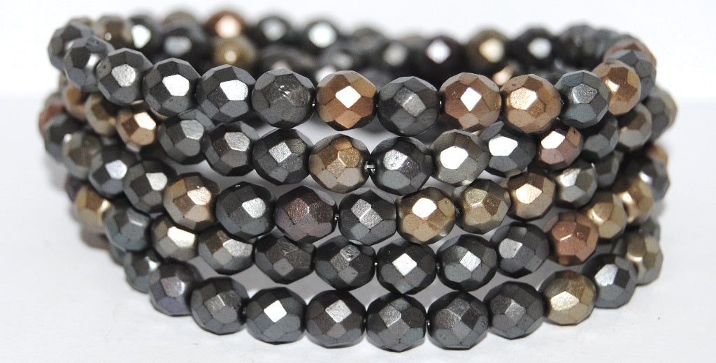 Fire Polished Round Faceted Beads, Gray Gold Zink Metallic Iris (01670), Glass, Czech Republic