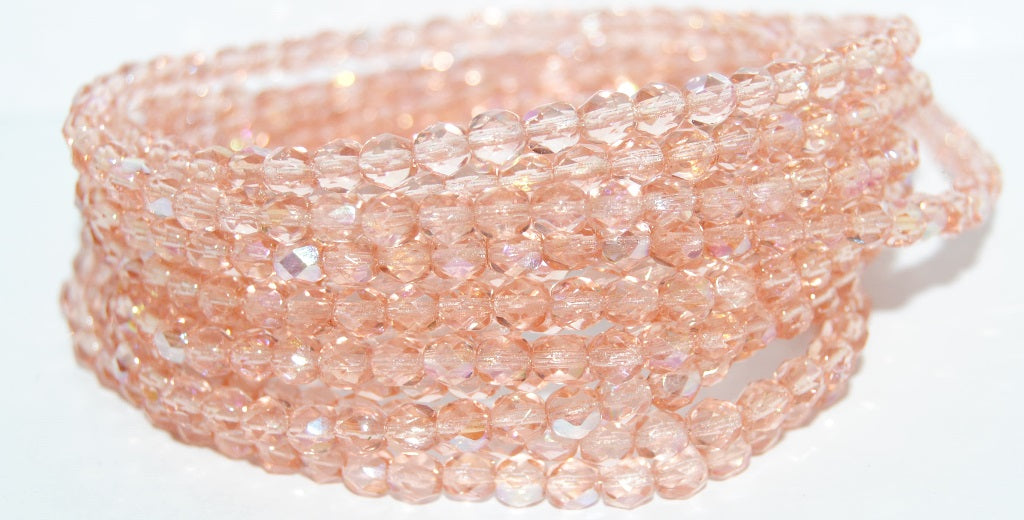 Fire Polished Round Faceted Beads, Transparent Pink Ab (70110-AB), Glass, Czech Republic