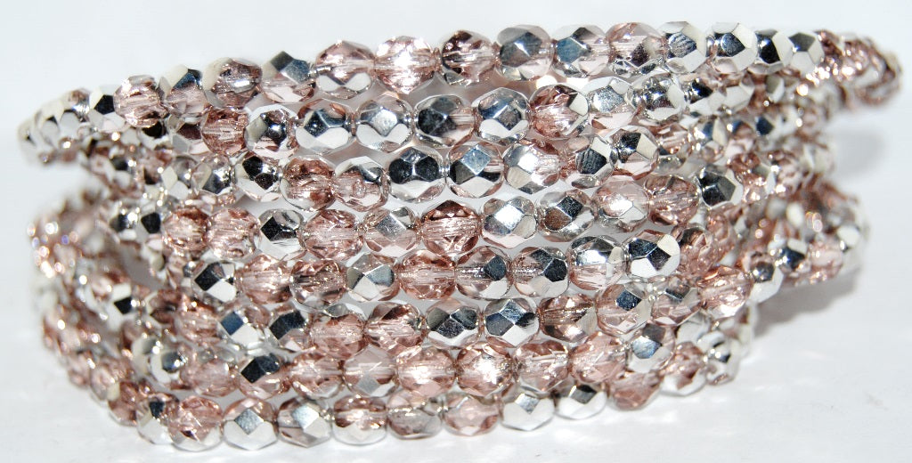 Fire Polished Round Faceted Beads, Transparent Pink Crystal Silver Half Coating (70110-27001), Glass, Czech Republic