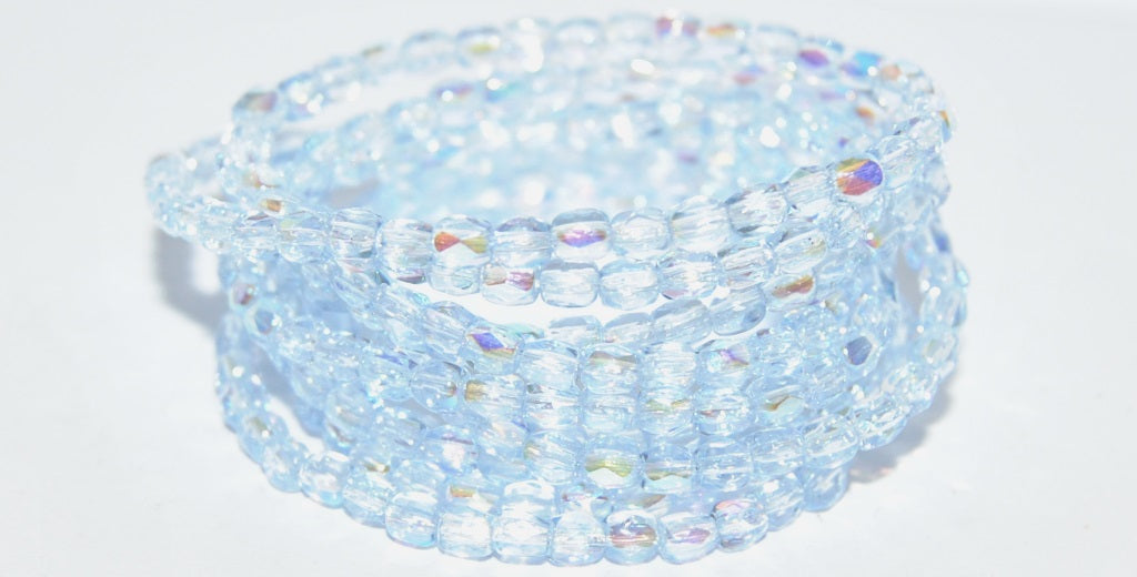 Fire Polished Round Faceted Beads, 3 Transparent Blue Ab (3-30010-AB), Glass, Czech Republic